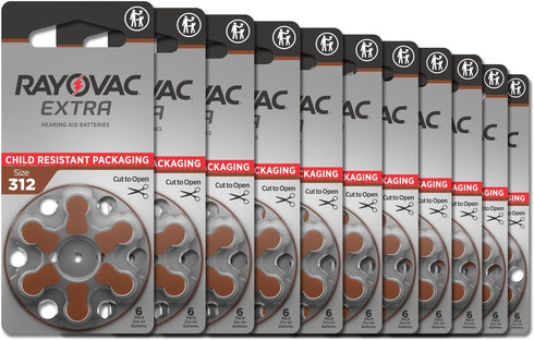 Rayovac Extra hearing aid batteries size 312. Long-lasting mercury-free zinc-air hearing aid batteries