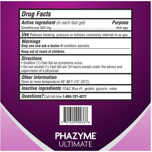 Phazyme Gas Relief, Ultimate Bloating Relief for Adults, 500 mg Simethicone Fast Gels, 20 Count