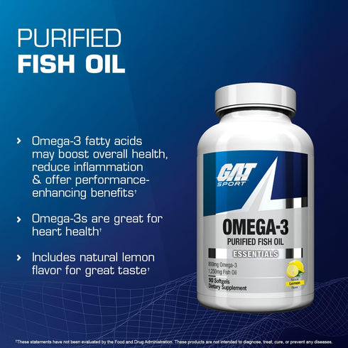 GAT SPORT Omega-3 Fish Oil, High Potency EPA, DHA, Brain & GLP1 Support, 90 Softgels