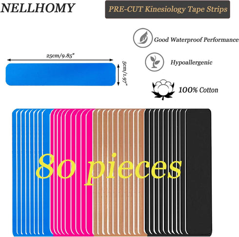 Kinesiology Tape Precut, 80 Strips, Elastic Pro Athletic Tape for Knee, Elbow Muscle & Joints Support