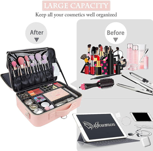 JOURMON Travel Makeup Case Organizer, Portable Cosmetic Bag with Adjustable Dividers and Shoulder Strap for Toiletry