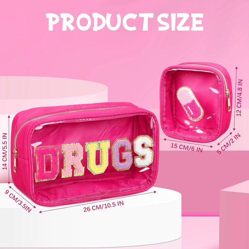 Hillban 2 Pcs Medicine Bag Chenille Letter Bag Preppy Clear Makeup Meds Travel Bag Nylon Pouch Set PVC Transparent Cosmetic Bag Mini First Aid Christmas Gift for School Travel Supplies (Stylish)