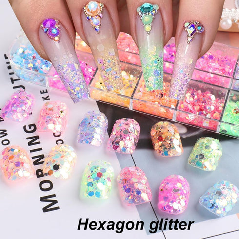 Holographic Nail Art Glitter, Iridescent Flakes and Mermaid Flake Sequins, 12 Grids for DIY Decoration