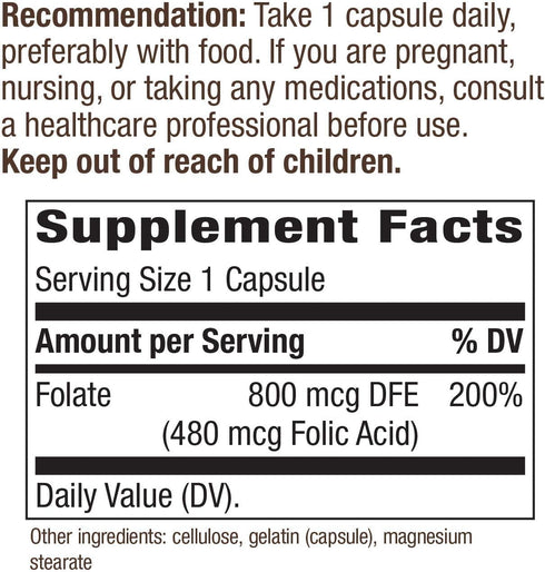 Nature's Way Folic Acid, 800 mcg DFE per Serving, 100 Capsules