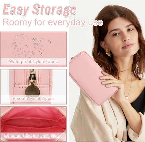 Nylon Small Makeup Bag for Purse, Cute Preppy Pink Cosmetic Zipper Pouch, Waterproof