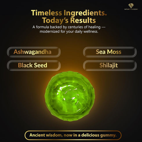Nature's Blessing Gummies 17,590mg Sea Moss with Shilajit, Ashwagandha, Black Seed & Bladderwrack Total Blend Vegan