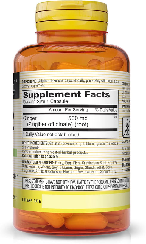 MASON NATURAL Whole Herb Ginger 500 mg - Healthy Circulation Support and May Sooth Upset Stomach*, Natural Herbal Supplement, 60 Capsules (Pack of 3)