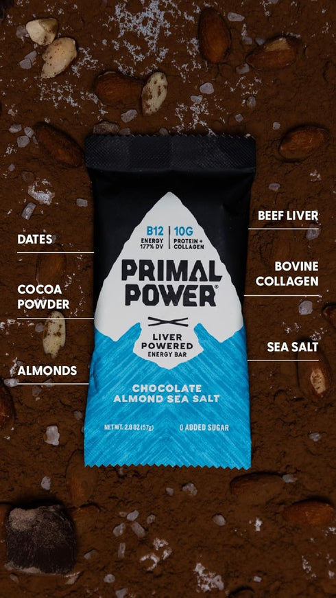 Primal Power Liver Powered Nutrition Bars, 10g Protein, B12 Energy Boost, Gluten Free, Pack of 12