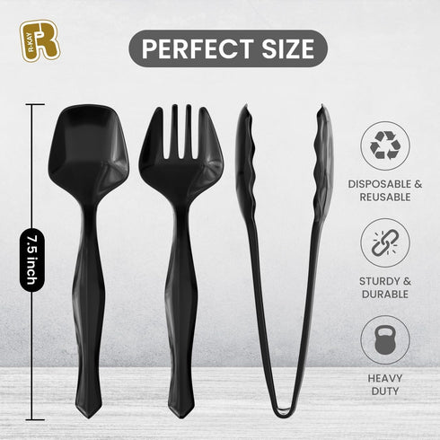 18 Pcs Black Plastic Serving Utensils - 6 Spoons, 6 Tongs, 6 Forks - Heavy Duty Disposable Set