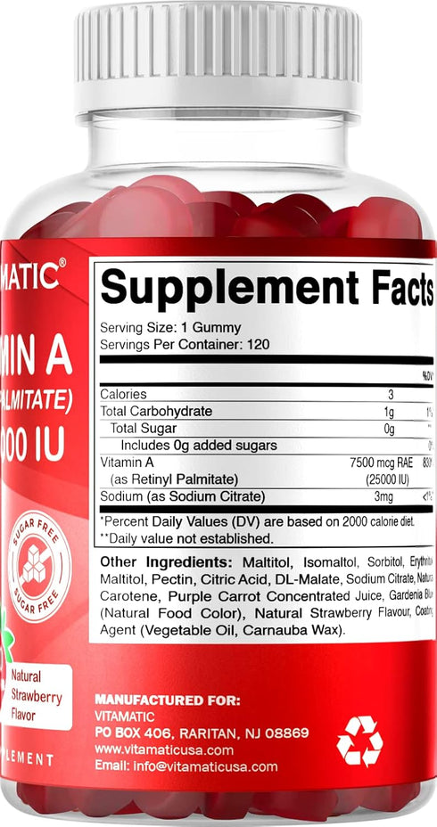 Vitamatic Sugar Free Vitamin A 25000 IU Gummies, Natural Strawberry Flavor, 120 Gummies
