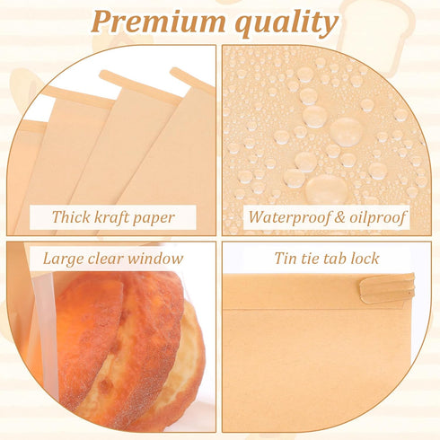 Xaajooio 100 Pack 11.3"x8.7"x4.3" Packaging Large Paper Bread Bags with Tin Tie Tab Lock, Bread Bakery Bags with Clear