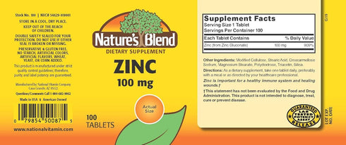 Nature's Blend Zinc Gluconate 100 mg, 100 Tablets