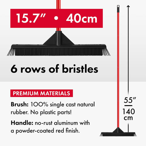 Rubber Broom Lightweight - 100% Natural Rubber with 55 Inch Anti-Rust Handle, Best for Pet & Human Hair