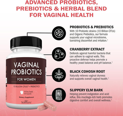 16in1 Vaginal Probiotics - 30 Capsules for Women, 10 Powerful Strains + Organic Prebiotics for Vaginal Health Support