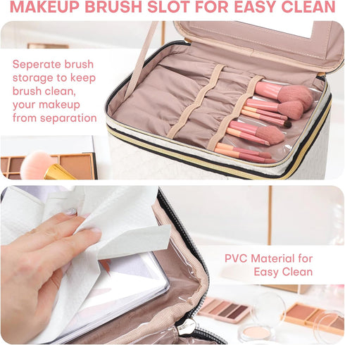 Large Makeup Bag with Mirror, Double Layer Travel Organizer Case, Large Capacity with Brush Slot Divider