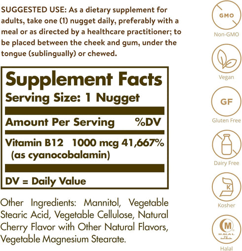 Solgar Vitamin B12 1000 mcg, 100 Nuggets - Energy Production, Red Blood Cells - Healthy Nervous System - Promotes Cardiovascular Health - Vitamin B - Non-GMO, Gluten Free, Kosher - 100 Servings