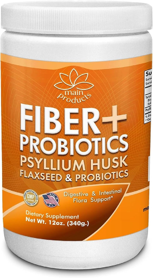 Main Products Fiber + Probiotics 12 Oz (340g) Psyllium Husk Flaxseed, Digestive and Intestinal
