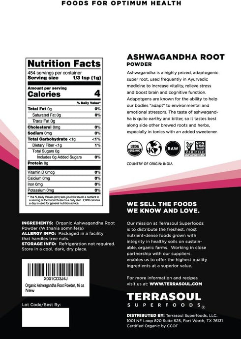 Terrasoul Superfoods Organic Ashwagandha Root Powder 6oz