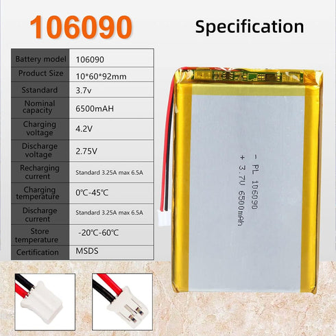 3.7V 5X 6500mAh 106090 Lithium Polymer Ion Rechargeable Lipo Battery with PH 2.0mm Connector