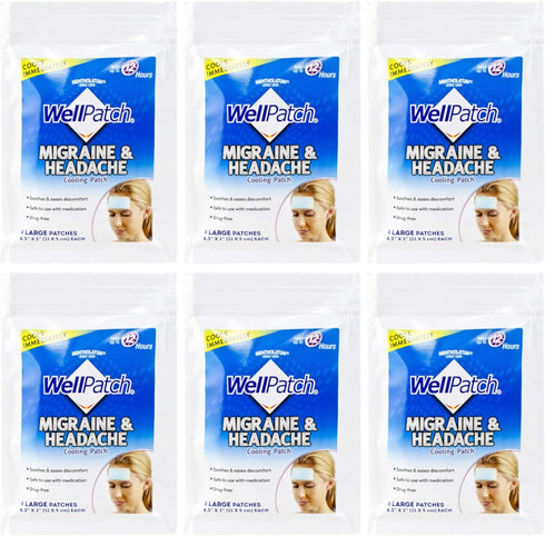 WellPatch Cooling Headache Pads, Migraine Relief, 4 Large Patches - 4.3 x 2 Inch (Pack of 6)