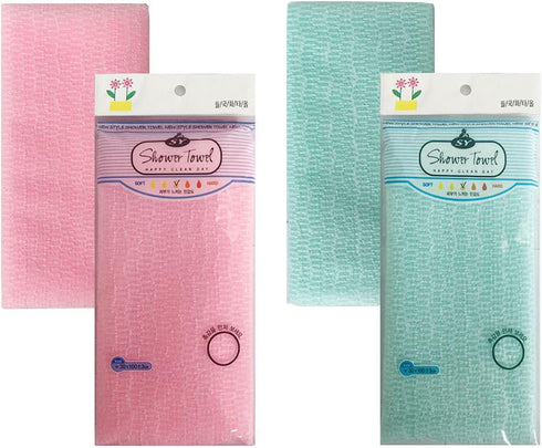 Premium Exfoliating Washcloth Towel, 2 Color Mint Pink, Korean Loofah Bath Sponge for Shower by NOPIGO