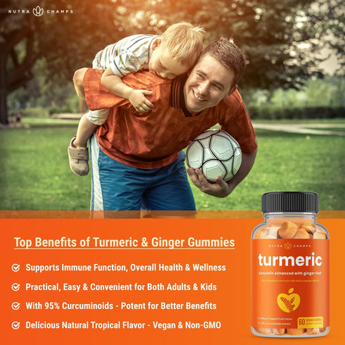 Turmeric Gummies with Ginger & Black Pepper Extract, 120 Gummies (2-Pack of 60), Vegan Natural Curcumin Support