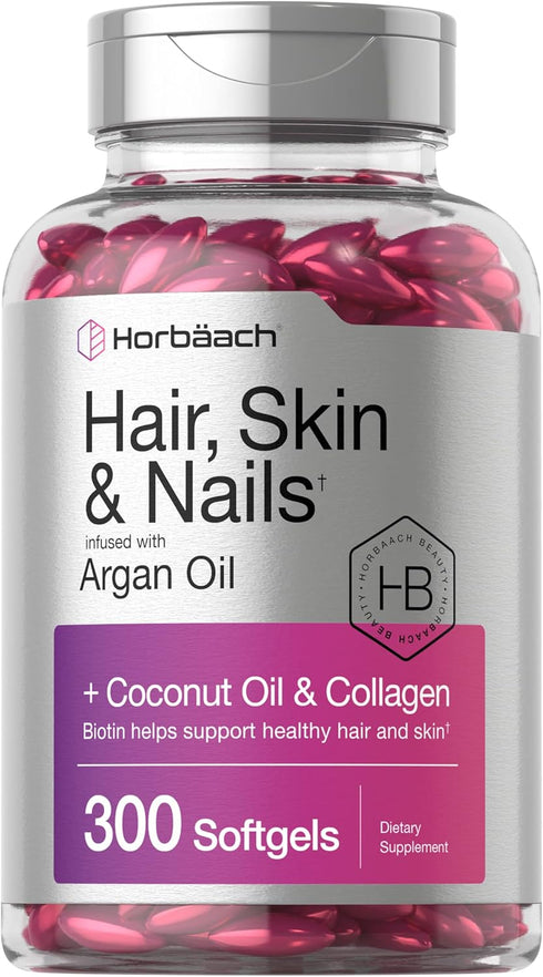 Horbaach Hair Skin and Nails Vitamins, 300 Softgels with Biotin and Collagen, Non-GMO & Gluten Free
