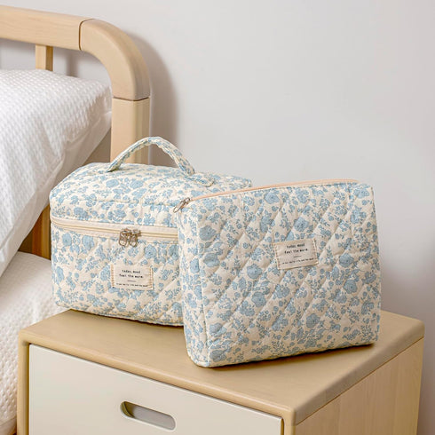 2 Pcs Large Quilted Makeup Bag - Cotton Quilted Toiletry Bag for Women, Cute Kawaii Travel Cosmetic Bags (03 Lightblue