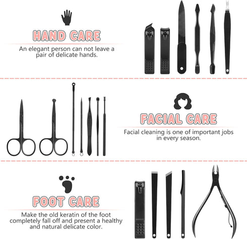 Manicure Set, Jubolion 19pcs Stainless Steel Professional Nail Clippers Pedicure Set with Black Leather Storage Case, Portable Grooming Kit for Travel or Home, Perfect Gifts Women and Men (Black)
