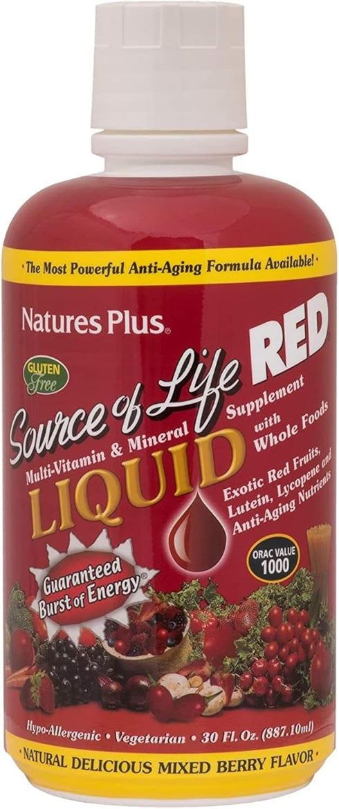 Natures Plus Source of Life RED Multivitamin Liquid - 30 oz - Energy & Immune Support with Exotic Red Fruits,