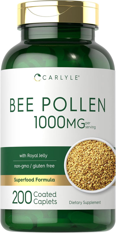 Carlyle Bee Pollen Supplement, 1000mg, 200 Caplets with Royal Jelly and Bee Propolis, Vegetarian, Non-GMO