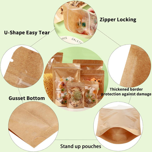 150-Pack Kraft Paper Bags, 6" x 9" Reclosable Small Stand Up Mylar Bags for Food Storage, Resealable Zip Lock