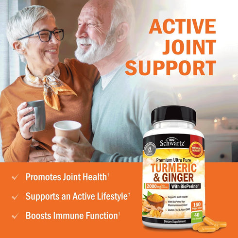 Turmeric Curcumin and Ginger 2000mg with BioPerine for Maximum Absorption, 95% Standardized Curcuminoids Natural Turmeric Supplement for Joint & Immune Support - Gluten-Free, No-GMO, 160 Capsules