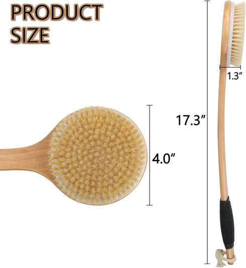 OWIIZI Round Head Back Scrub Brush for Body Shower, Wooden Long Handle, Skin Exfoliator Scrubber for Wet or Dry Use