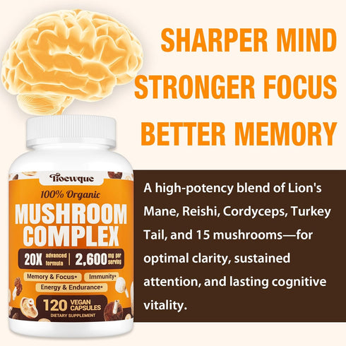 Tioewque 20 1 120 Brain Supplements for Memory and Focus, Mushroom Supplement, in Mushroom Complex with Lions Mane