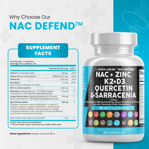 Clean Nutraceuticals NAC Supplement - N-Acetyl Cysteine 1000mg, Vitamin D3, K2 & More - 60 Count