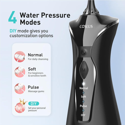 COSLUS Water Dental Flosser Pick for Teeth, 4 Modes Cordless Portable 300ML Water Teeth Cleaner, IPX7 Waterproof