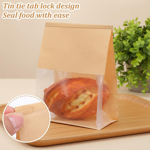 Xaajooio 100 Pack 11.3"x8.7"x4.3" Packaging Large Paper Bread Bags with Tin Tie Tab Lock, Bread Bakery Bags with Clear