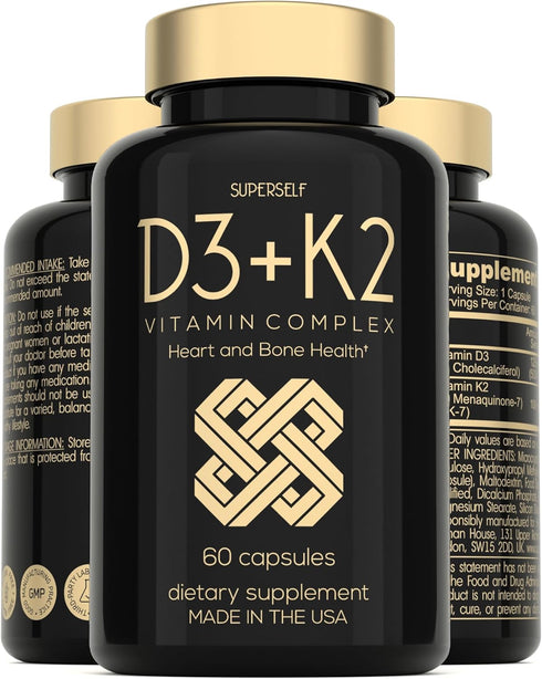Vitamin D3 K2 Capsules, 5000 IU Vitamin D3 and 100mcg Vitamin K MK7, 60 Capsules, USA Made Vegetarian Supplement