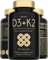 Vitamin D3 K2 Capsules, 5000 IU Vitamin D3 and 100mcg Vitamin K MK7, 60 Capsules, USA Made Vegetarian Supplement