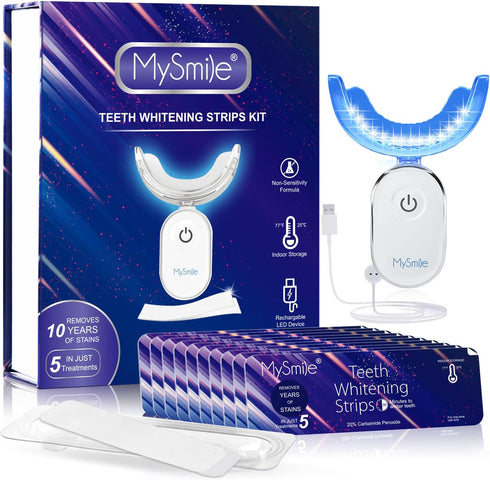 MySmile Non-Sensitive Teeth Whitening Strips Kit - 10Pcs with Waterproof 28X LED Light for Stain Removal