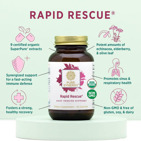 PURE SYNERGY Rapid Rescue Organic Immune Support Capsules with Echinacea, Elderberry, and Olive Leaf Extracts (42
