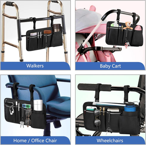FINPAC Wheelchair Side Organizer Bag with Cup Holder, Wheelchair Armrest Accessories Pouch with Pen Slot and Reflective