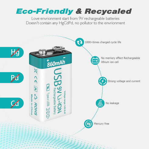 Rechargeable 9V Lithium USB Battery 860mAh (4 Pack) with 4 in 1 Charge Cable