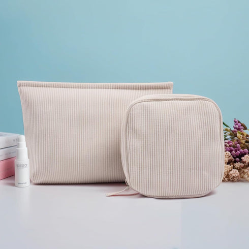 KOTORA 2 Pcs Corduroy Makeup Bag for Purse, Small Aesthetic Makeup Organizer, Travel Toiletry Pouch for Women