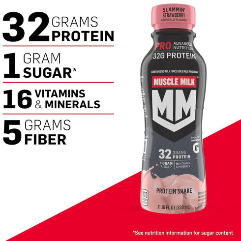 Slammin' 11.16 Oz (Pack 12), 32g 1g 16 5g Muscle Milk Pro Advanced Nutrition Protein Shake, Strawberry, Fl of Protein