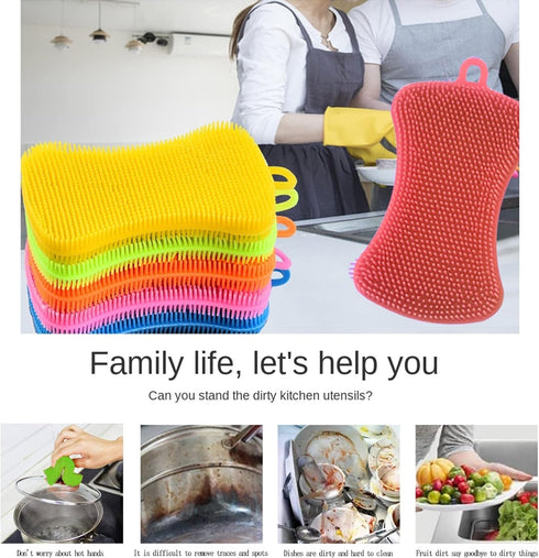 Qaeoity 6 Pack Silicone Sponge Dish Washing Kitchen Scrubber, Reusable Dish Washing Cleaning Sponges Double-Sided