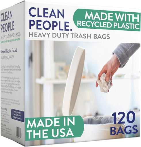 Clean People Trash Bags - Tall Drawstring Kitchen Garbage Bags, 13 Gallon Capacity, 120 Bags, Unscented