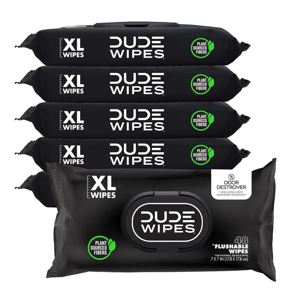 DUDE Wipes - 6 Pack Flushable Wipes for Adults, 288 Wipes - Odor Destroyer XL Wet Wipes with Clean Scent Technology