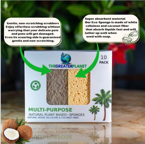 THE GREATER PLANET Natural Kitchen Sponges - Eco-Friendly Biodegradable Organic Cleaning Sponges, 10 Pack